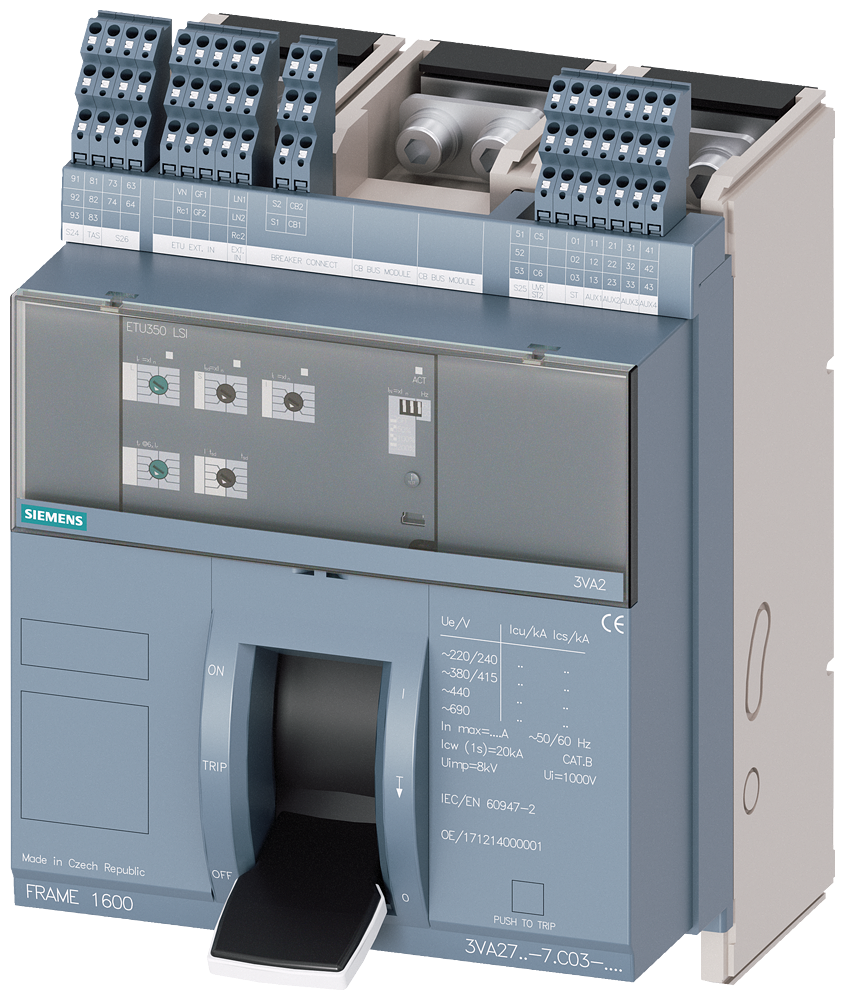 [Imagem DISJUNTOR DE MONTAGEM COMPACTO DE MONTAGEM FIXA FRAME 1600; 4AUX E CONTATO DE... 3VA27105AC030AA0 SIEMENS]