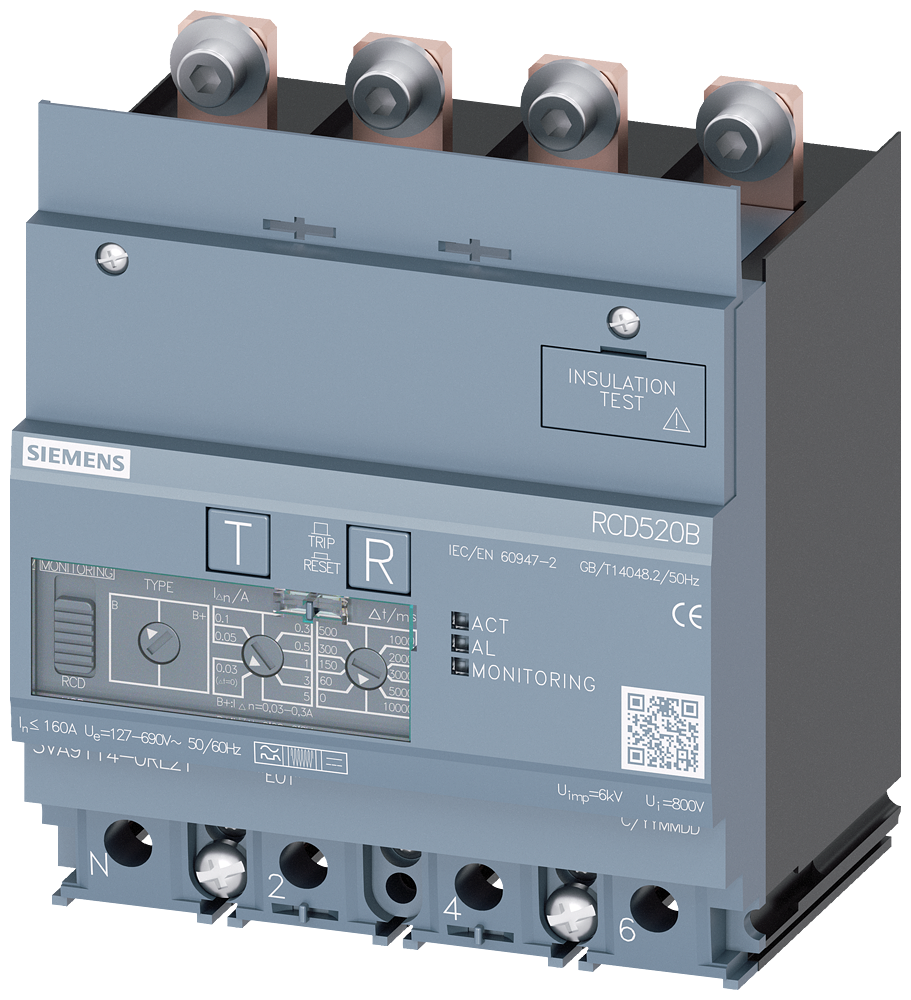 [Imagem UNIDADE DE CORRENTE RESIDUAL RCD520B BASIC RCD TIPO B OU B+ MONTADO EMBAIXO 3VA91140RL21 SIEMENS]