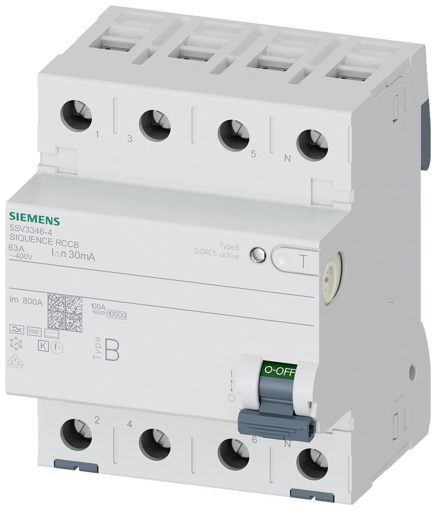 [Imagem do produto DISJUNTOR DE CORRENTE DE FUGA, DE 4 POLOS, TIPO B, COM RETARDAMENTO A CURTO P 5SV33464 SIEMENS]
