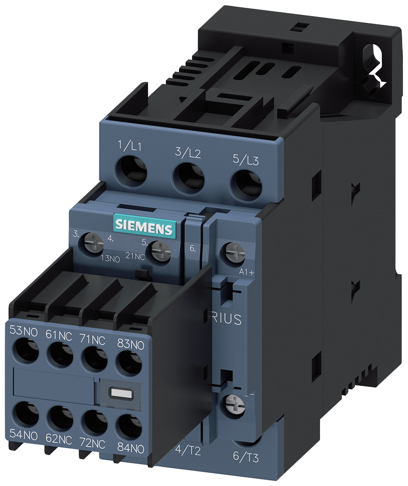 CONTATOR AC-3E 25 A/11 KW/400V DE 3 POLOS CC 24V 3NA+3NF CONEXÃO PARAFU 3RT20261FB480ME2-ZX95 SIEMENS