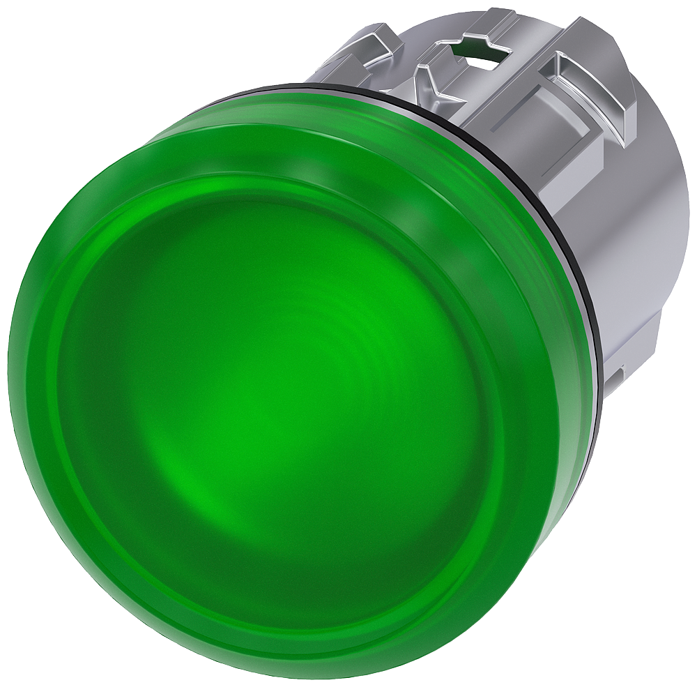 [Imagem SINALIZADOR LUMINOSO 22MM REDONDO METAL ALTO BRILHO VERDE LENTE PLANO 3SU10516AA400AA0 SIEMENS]