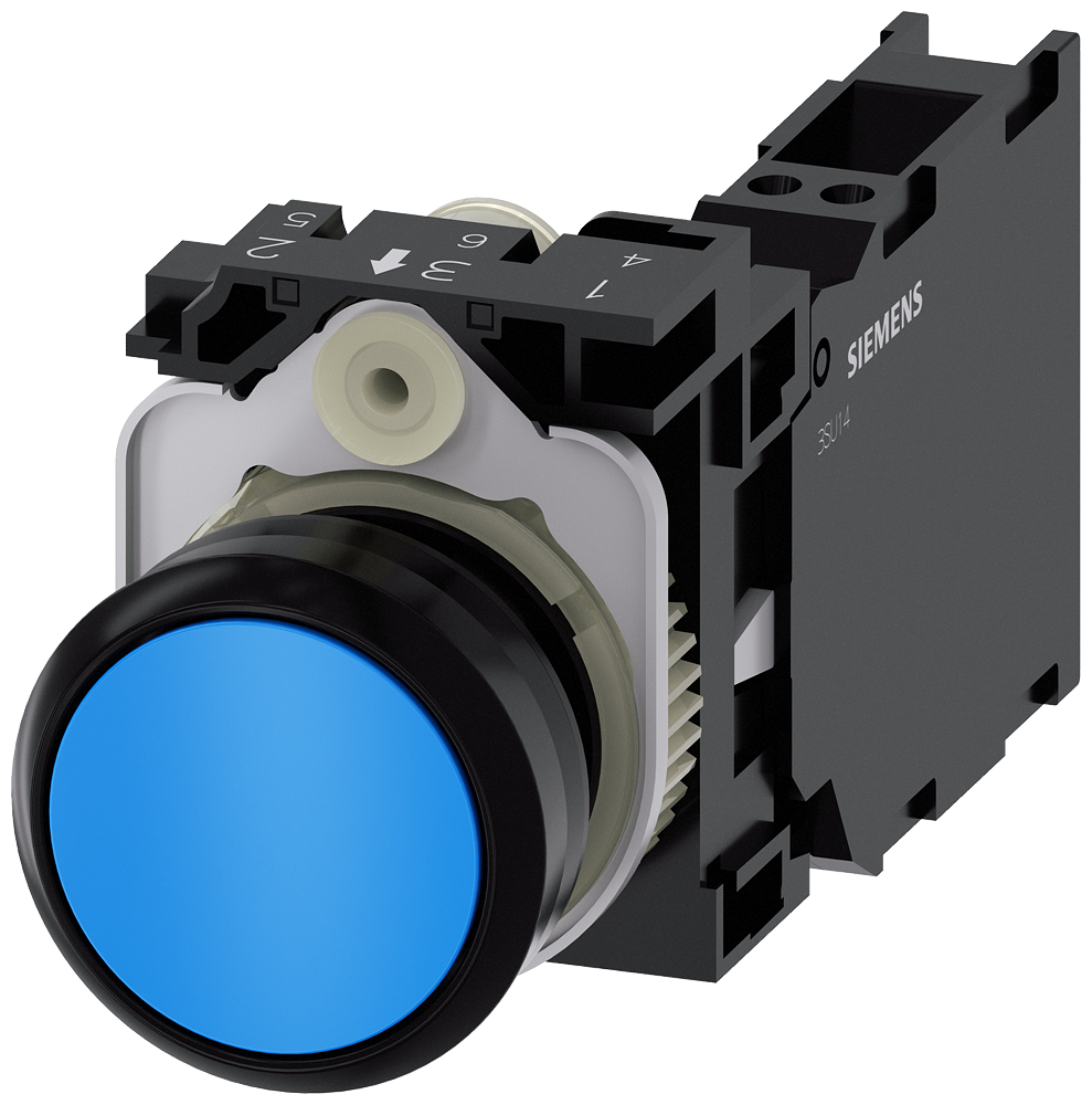 [Imagem do produto BOTÃO DE PRESSÃO, 22MM, REDONDO, PLÁSTICO, AZUL, 1NA+1NF 3SU11000AB503FA0 SIEMENS]