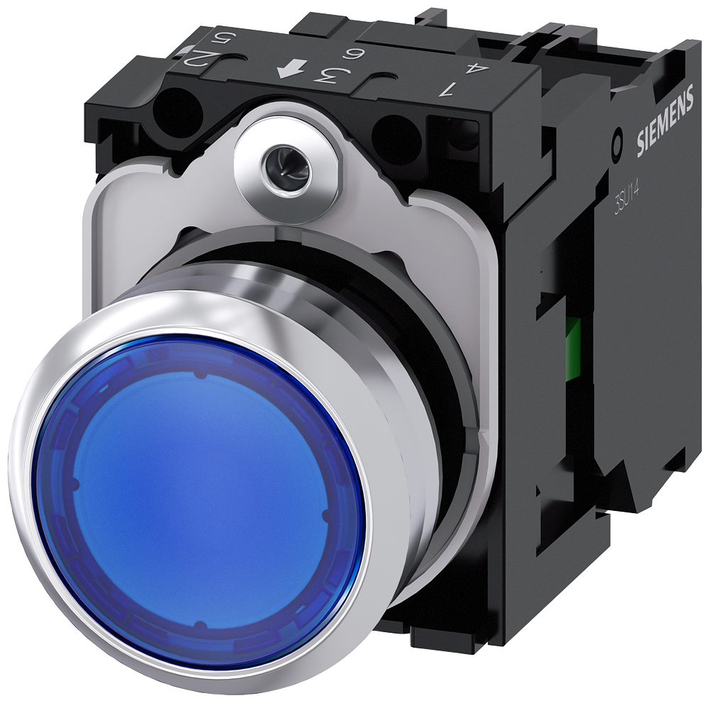 [Imagem FRONTAL BOTAO COMANDO ILUMINADO REDONDO METALICO AZUL 22MM 24V CA/CC LED SIEMENS 3SU11520AB501BA0]