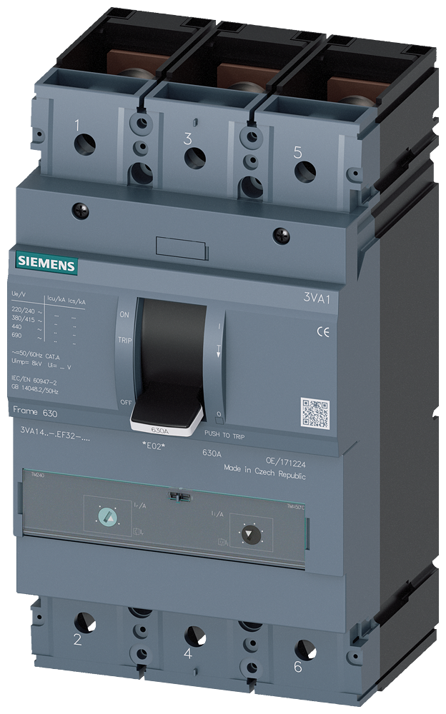 DISJUNTOR IEC FRAME 630 630 A DE 3 POLOS 36 KA TM ATAM CONEXÃO ROSCAD 3VA14634EF320KG0 SIEMENS
