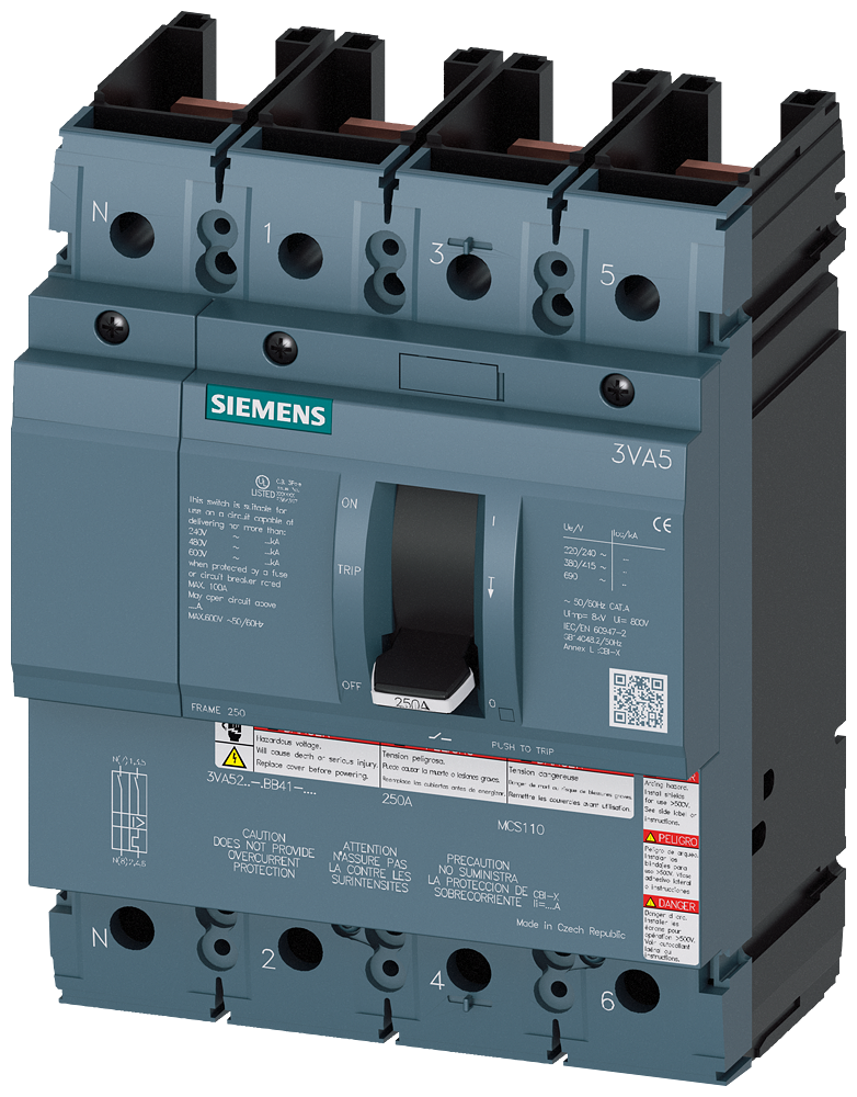 DISJUNTOR CAIXA MOLDADA 250 250 A DE 4 POLOS 65 KA SEM CONEXÃO 3VA52250BB410AA0 SIEMENS