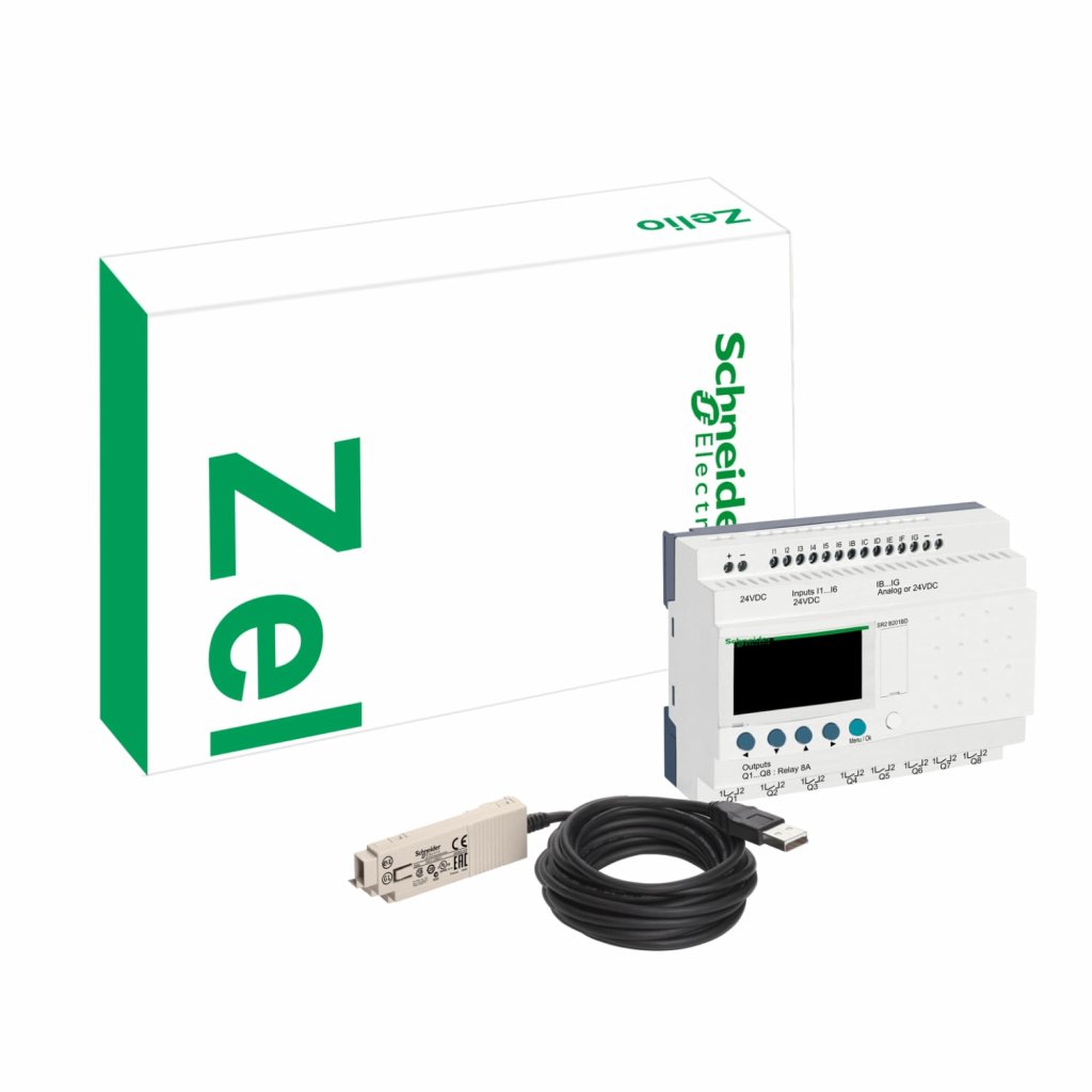 [Imagem KIT RELÉ INTELIGENTE COMPACTO 12 ENTRADAS/8 SAÍDAS DIGITAIS 100/240 VAC + CABO DE COMUNICAÇÃO ZELIO/PC DE 3 METROS + CDROM ZELIO SOFT 2 SR2PACK2FU SCHNEIDER]