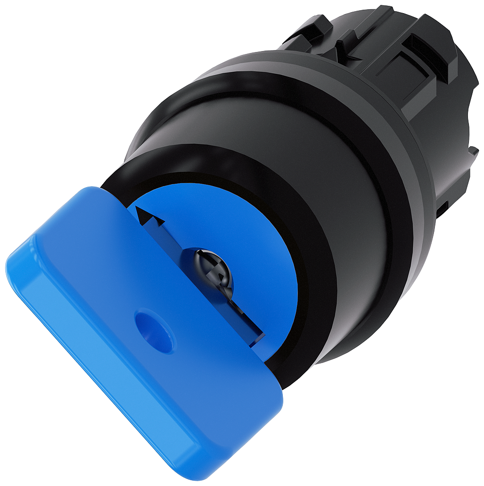 [Imagem do produto INTERRUPTOR DE CHAVE O.M.R, 22MM, REDONDO, PLÁSTICO, AZUL, RETIRADA DA CHAVE O 3SU10004GF010AA0 SIEMENS]