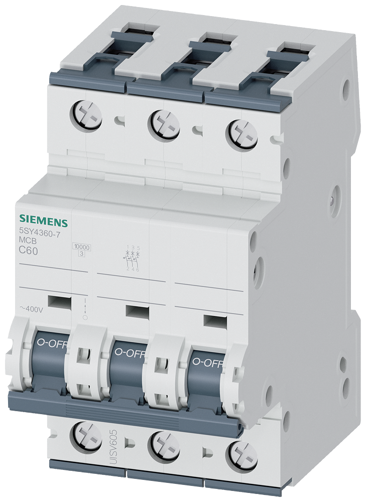 DISJUNTOR AUTOMÁTICO 400V 10KA DE 3 POLOS C 60A P=70MM 5SY43607 SIEMENS