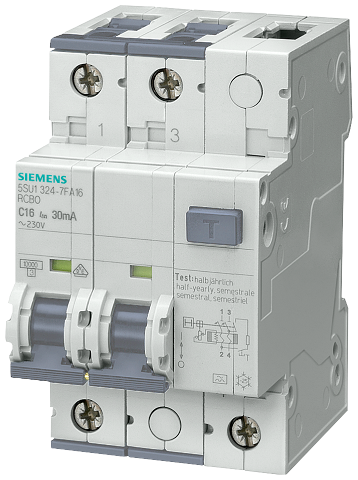 [Imagem DISJUNTOR DIFERENCIAL/DE POTÊNCIA, 10 KA, 2P, TIPO A, 30 MA, C-CHAR, IN: 10 A 5SU13247FA10 SIEMENS]
