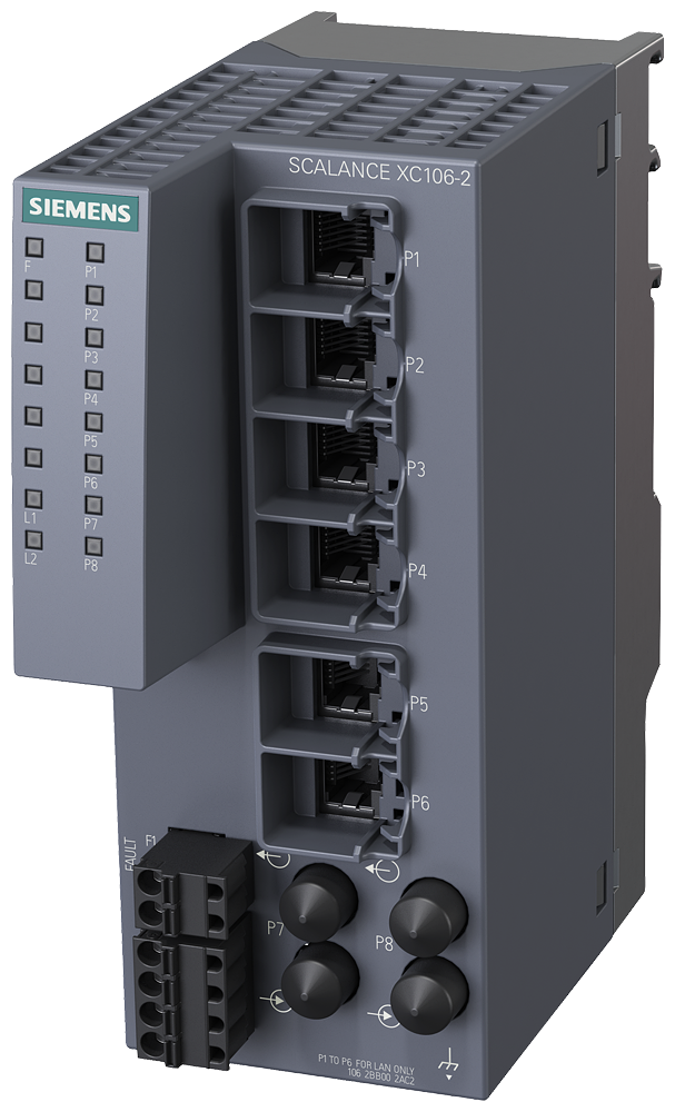 [Imagem do produto SIPLUS NET SCALANCE XC106-2, UNMANAGED SWITCH, 6X RJ45, 2X MM ST/BFOC 6AG11062BB007AC2 SIEMENS]