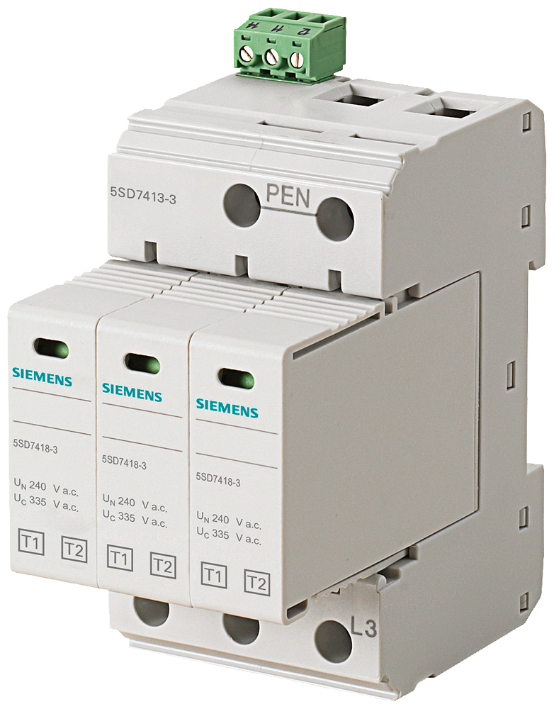 [Imagem PARA-RAIOS T1/T2, UN 240/400V, UC 335V CA, MÓDULOS DE PROTEÇÃO ENCAIXÁVEIS 5SD74133 SIEMENS]