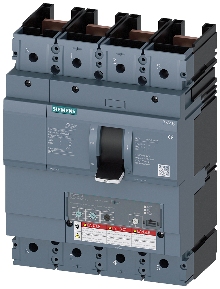 [Imagem DISJUNTOR 3VA6 UL FRAME 400 CLASSE DE CAPACIDADE DE COMUTAÇÃO M 35KA @ 480V D 3VA63405HL410AA0 SIEMENS]