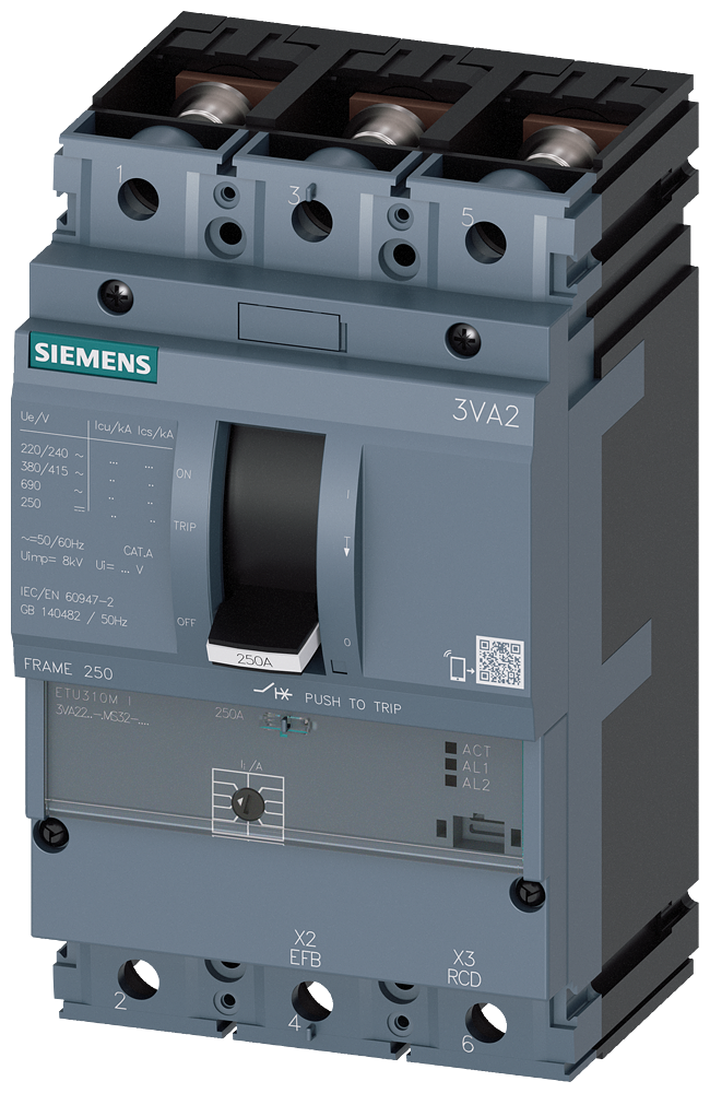 [Imagem DISJUNTOR CAIXA MOLDADA TRIPOLAR FIXO 160A 690V 110KA 3VA22167MS320AA0 SIEMENS]