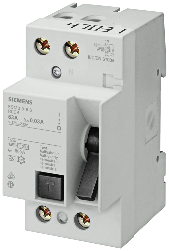 [Imagem DISJUNTOR DE CORRENTE DE FUGA, DE 2 POLOS, TIPO CA, IN: 125 A, 100 MA, UN CA: 5SM34150KK SIEMENS]