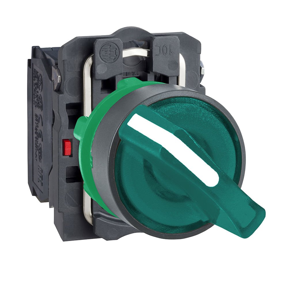 [Imagem COMUTADOR LUMINOSO Ø22MM PLÁSTICO, 2 POSIÇÕES FIXAS, VERDE, NA+NF, 24V XB5AK123B5 SCHNEIDER]