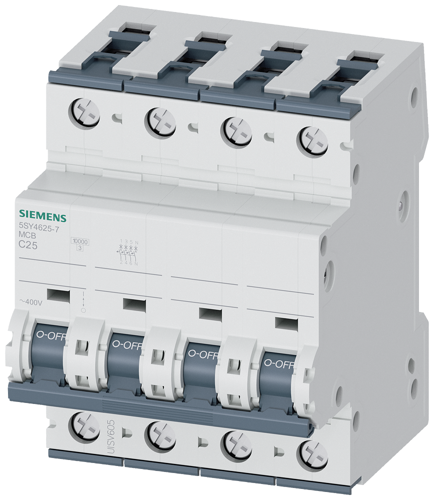 [Imagem DISJUNTOR AUTOMÁTICO 400V 10KA, DE 3+N POLOS, C, 25A, P=70MM 5SY46257 SIEMENS]