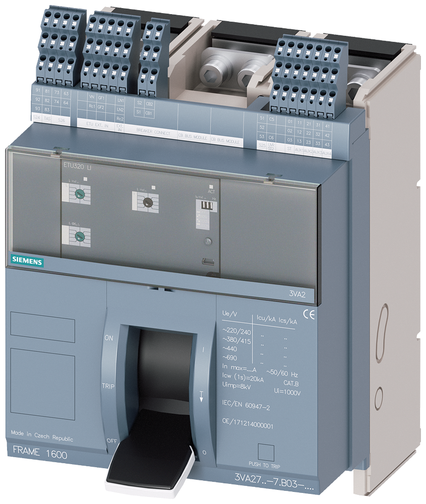 [Imagem DISJUNTOR DE MONTAGEM COMPACTO DE MONTAGEM FIXA FRAME 1600; 4AUX E CONTATO DE... 3VA27126AB030AA0 SIEMENS]