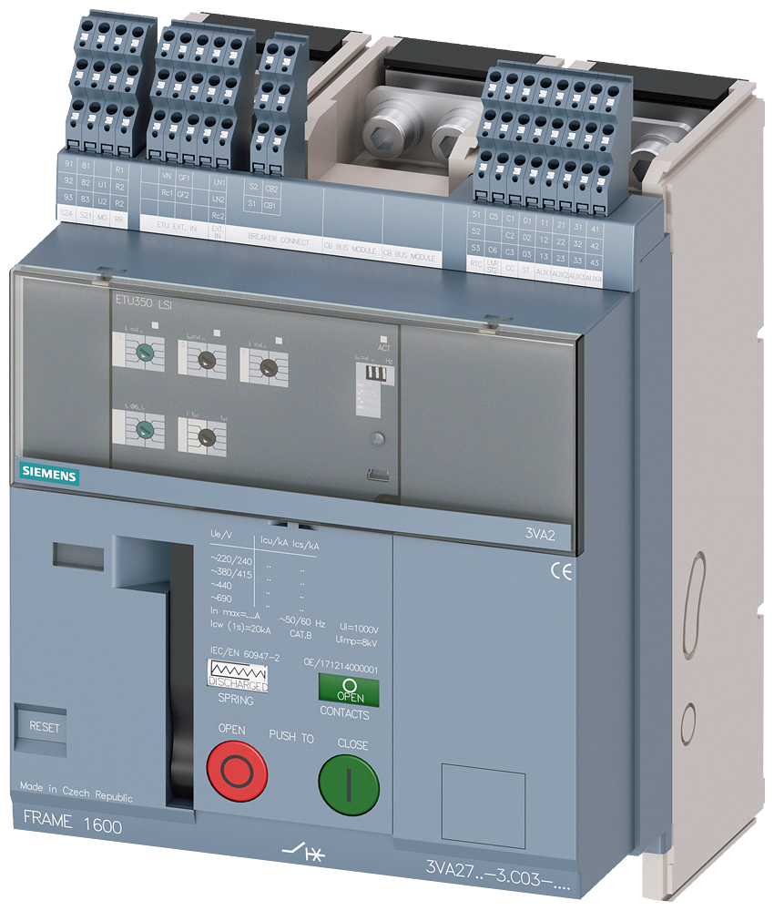 [Imagem DISJUNTOR DE MONTAGEM FIXA COMPACTO FRAME 1600; COM RTC E 4AUX CONTATO DE SIN... 3VA27163AC030AA0 SIEMENS]