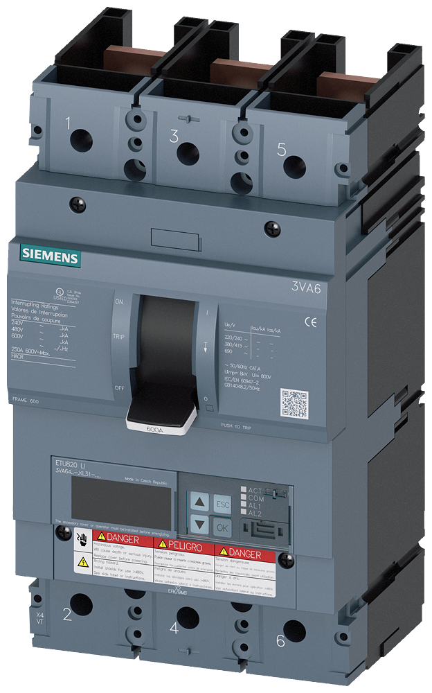 DISJUNTOR UL FRAME 600 600 A DE 3 POLOS 65 KA ETU8 LI SEM CONEXÃO 3VA64606KL310AA0 SIEMENS