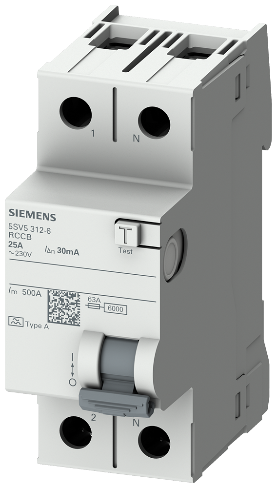 [Imagem DISJUNTOR DE CORRENTE DE FUGA, 2 POLOS, TIPO CA, IN: 63 A, 30 MA, UN CA: 230 V 5SV53160 SIEMENS]