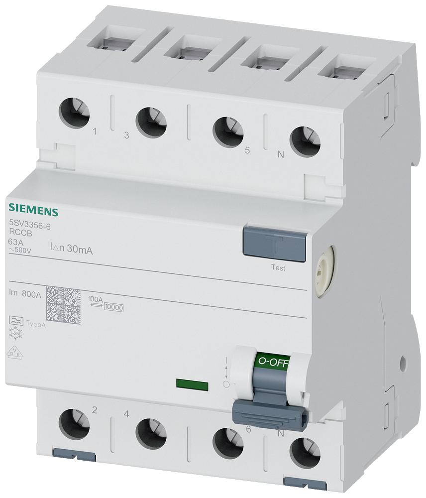 [Imagem do produto DISJUNTOR DE CORRENTE DE FUGA, 4 POLOS, TIPO A, IN: 63 A, 30 MA, UN CA: 500 V 5SV33566 SIEMENS]