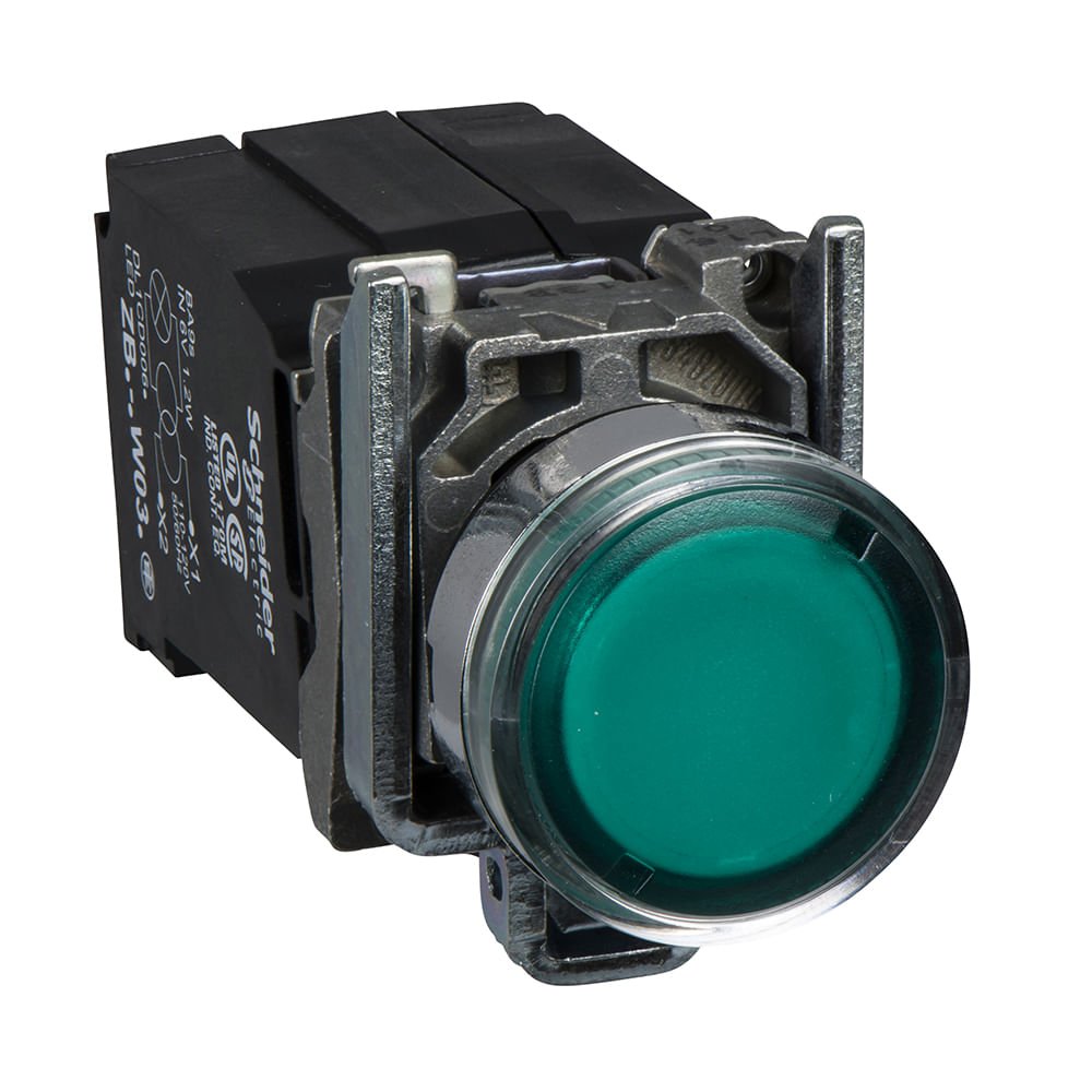 [Imagem BOTÃO LUMINOSO Ø22MM METÁLICO RETORNO POR MOLA, LÂMP, VERDE, NA+NF, 110V XB4BW3335 SCHNEIDER]