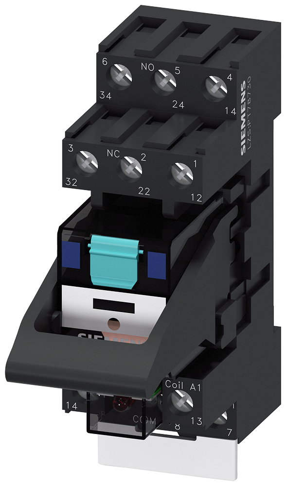 RELÉ DE ENCAIXE CC24V 3CI LED VERDE BASE PLUG-IN PADRÃO TERMINAL COM PAR LZS:PT3A5L24A SIEMENS