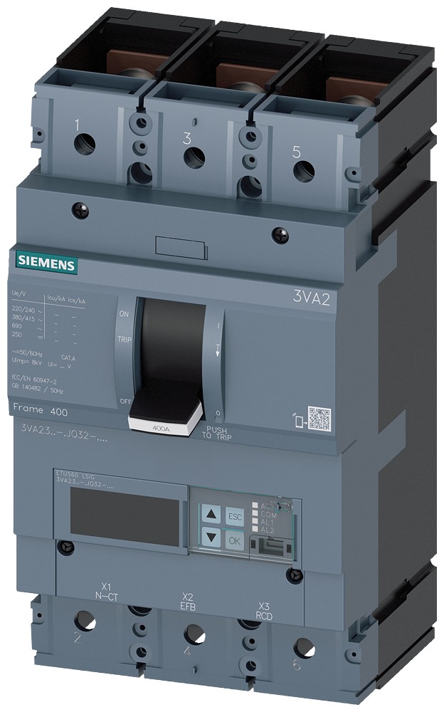 DISJUNTOR IEC FRAME 400 250 A DE 3 POLOS 150 KA ETU5 LSIG CONEXÃO ROS 3VA23258JQ320AA0 SIEMENS