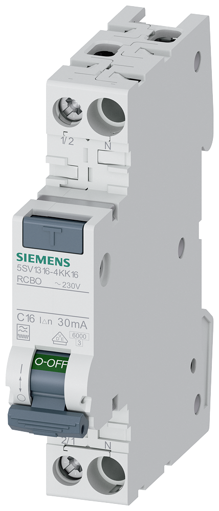 [Imagem DISJUNTOR DIF./AUT. COMPACTO 1P+N 6KA TIPO F 30MA, SUPER-RESISTENTE K, C16 5SV13164KK16 SIEMENS]
