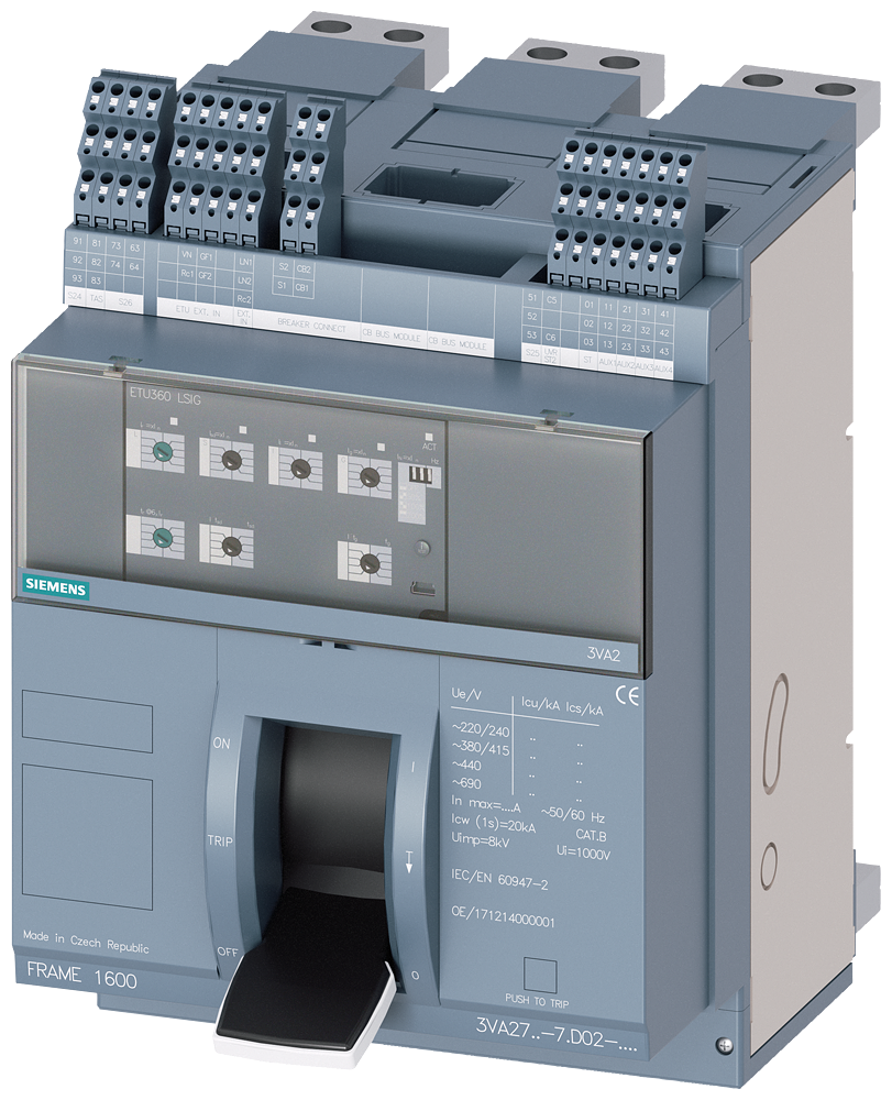 DISJUNTOR COM ALAVANCA BASCULANTE COMPACTO DE MONTAGEM FIXA FRAME 1600; 4AUX 3VA27166AD021AA1 SIEMENS