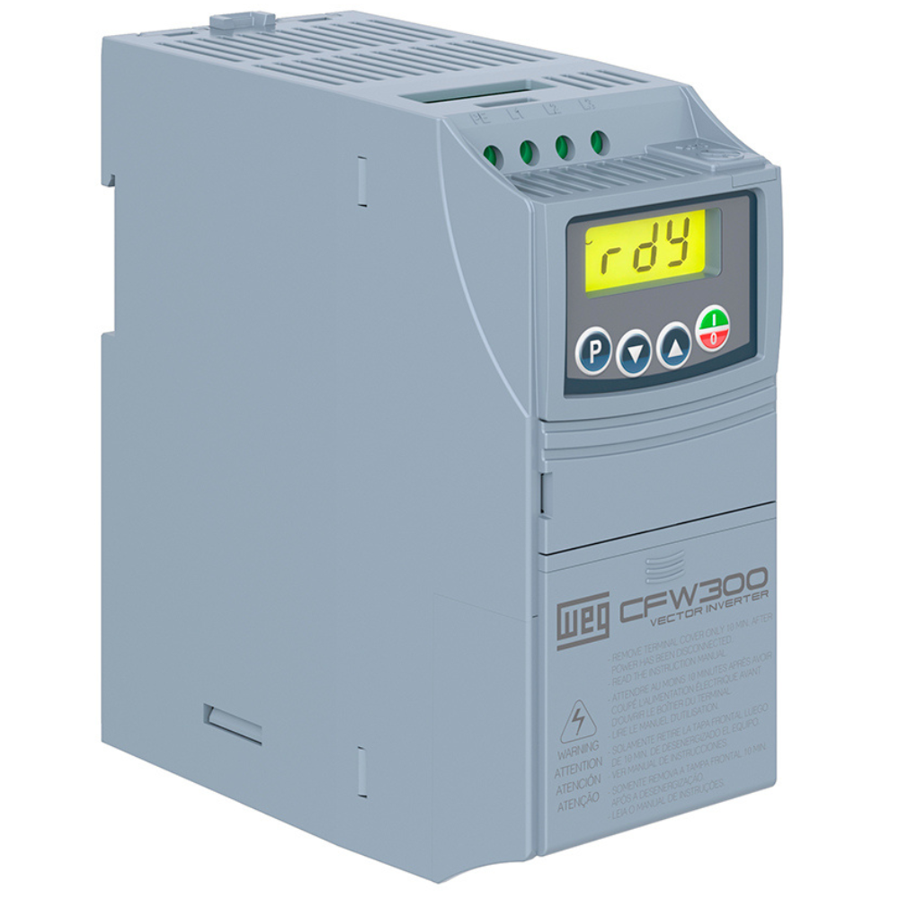[Imagem INVERSOR DE FREQUÊNCIA TRIFÁSICA 1HP 4.2A 400HZ 13059321 CFW300A04P2S2NB20 WEG]