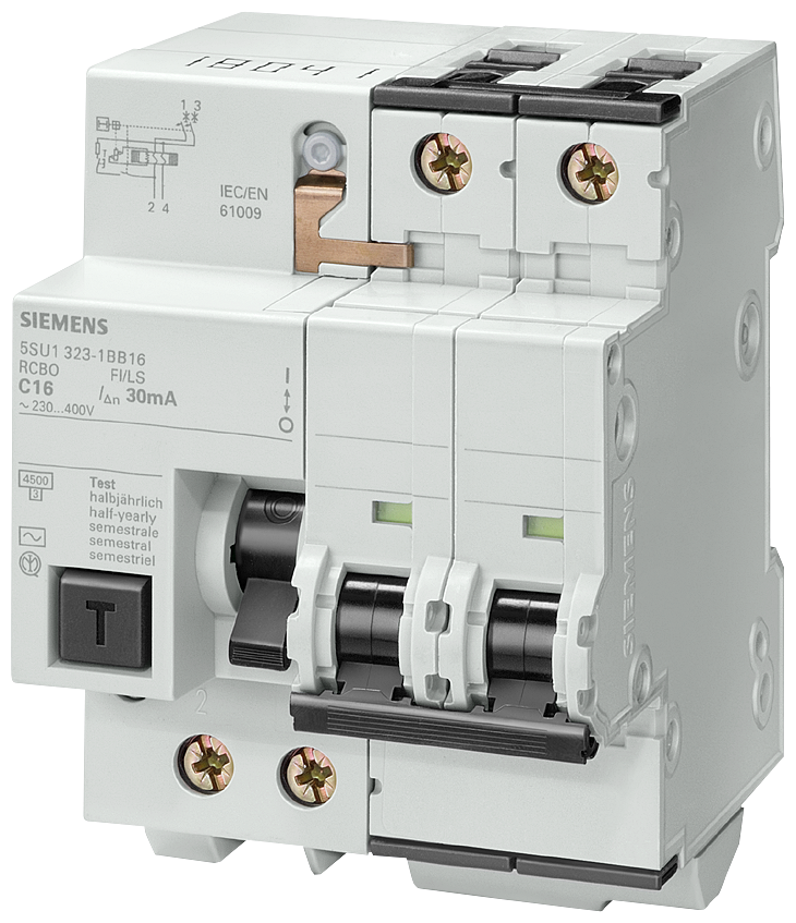 [Imagem do produto INTERRUPTOR FI/DISJUNTOR, 4,5 KA, 2P, TIPO CA, 30 MA, CAR. C, IN: 32 A, UN CA 5SU13231BB32 SIEMENS]