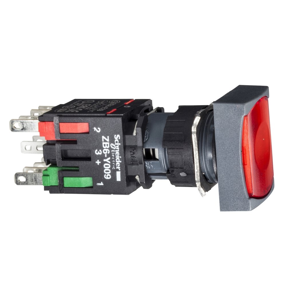 [Imagem do produto BOTÃO 16MM PLÁSTICO LUMINOSO A IMPULSÃO RETANGULAR VERMELHO XB6DW4B2B SCHNEIDER]