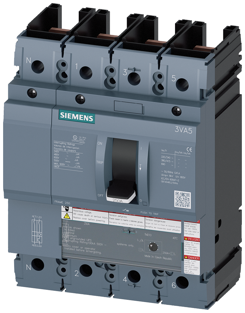 [Imagem DISJUNTOR 3VA5 UL FRAME 250 CLASSE DE CAPACIDADE DE COMUTAÇÃO H 65KA @ 480V D 3VA52206ED410AA0 SIEMENS]