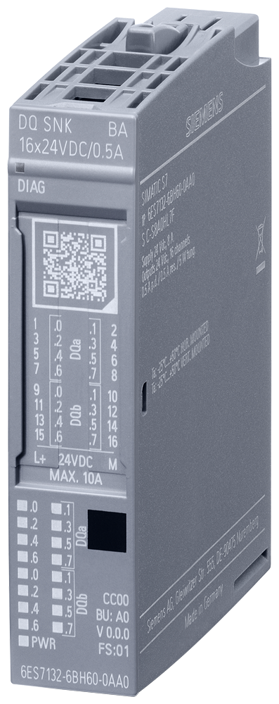 [Imagem do produto SIMATIC ET 200SP DQ 16X24VDC/0.5A SNK BA PU 1 6ES71326BH600AA0 SIEMENS]