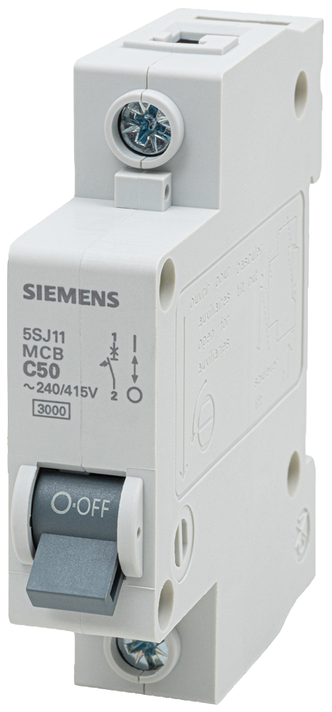 [Imagem DISJUNTOR MINI MONOPOLAR 50A 220/380V CURVA C 3KA 5SJ11507MB SIEMENS]