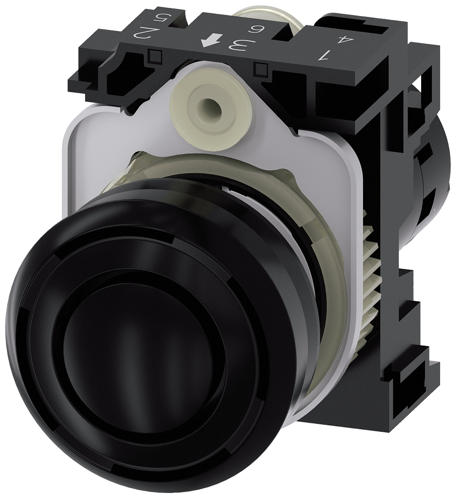 [Imagem do produto INDICADOR ACÚSTICO, 22MM, REDONDO PLÁSTICO, PRETO, SOM CONTÍNUO 2,4 KHZ, 230V CA 3SU12006KF101AA0 SIEMENS]