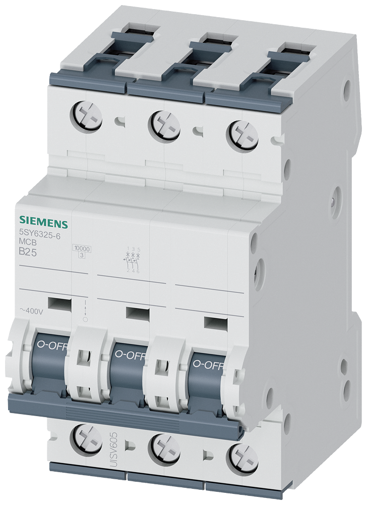 [Imagem DISJUNTOR AUTOMÁTICO 400V 6KA, DE 3 POLOS, B, 25A, P=70MM 5SY63256 SIEMENS]