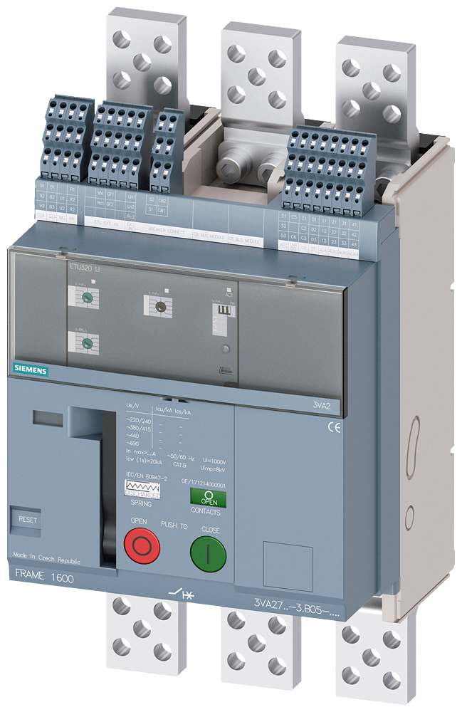 [Imagem do produto DISJUNTOR CAIXA MOLDADA ELETRONICO TRIPOLAR 55KA 1250A 380/415VCA 3VA27121AB054HA7 SIEMENS]