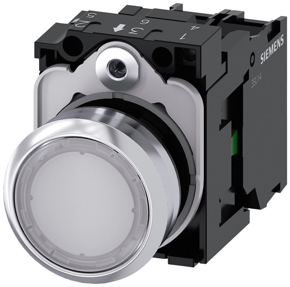 [Imagem FRONTAL BOTAO COMANDO ILUMINADO REDONDO METALICO BRANCO 22MM 24V CA/CC LED SIEMENS 3SU11520AB601BA0]