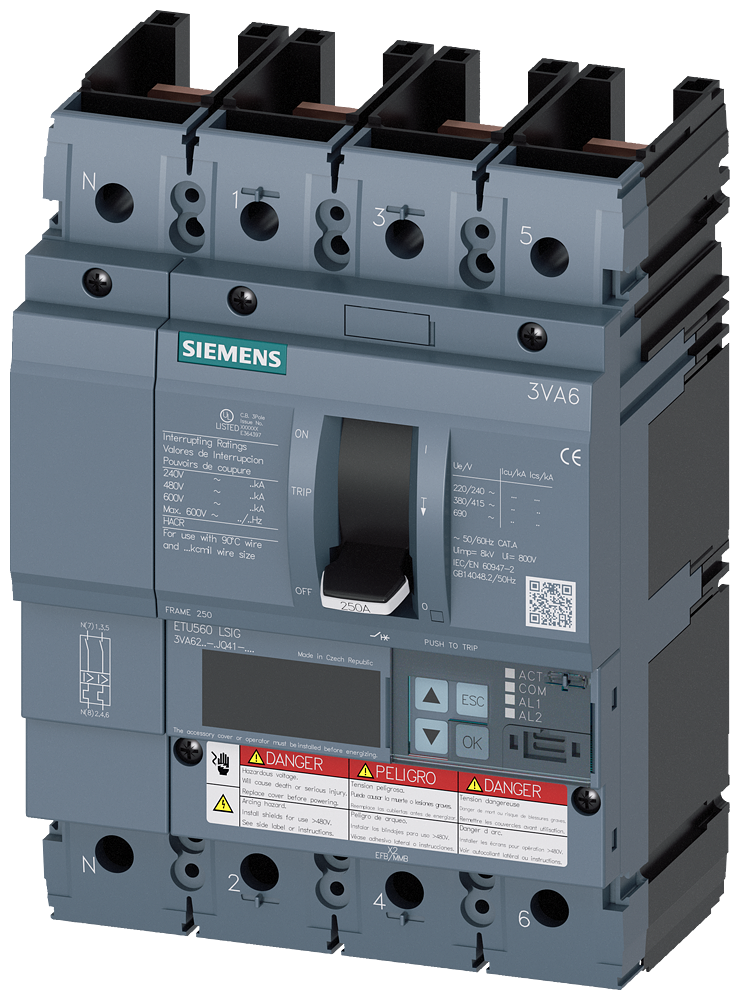 DISJUNTOR UL FRAME 250 250 A DE 4 POLOS 100 KA ETU5 LSIG SEM CONEXÃO 3VA62257JQ412AA0 SIEMENS