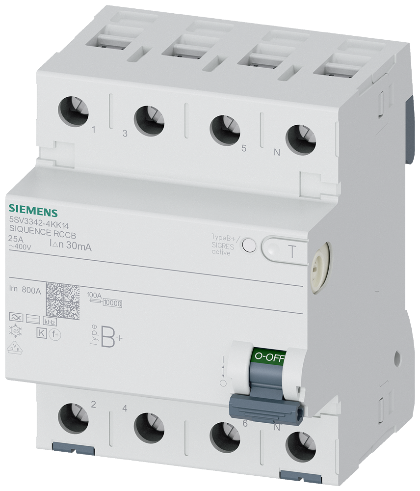[Imagem DISJUNTOR DE CORRENTE DE FUGA, DE 4 POLOS, TIPO B+, COM RETARDAMENTO A CURTO  5SV33424KK14 SIEMENS]