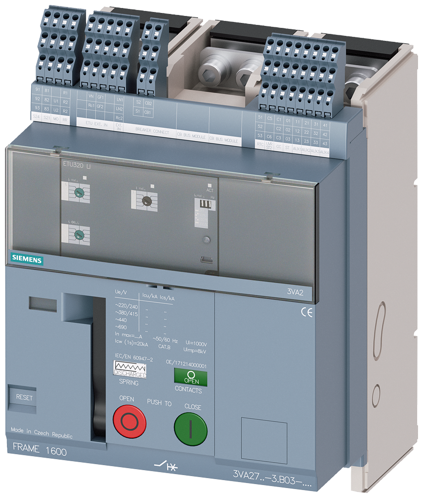 [Imagem DISJUNTOR DE MONTAGEM FIXA COMPACTO FRAME 1600; COM RTC E 4AUX CONTATO DE SIN... 3VA27121AB033FA5 SIEMENS]