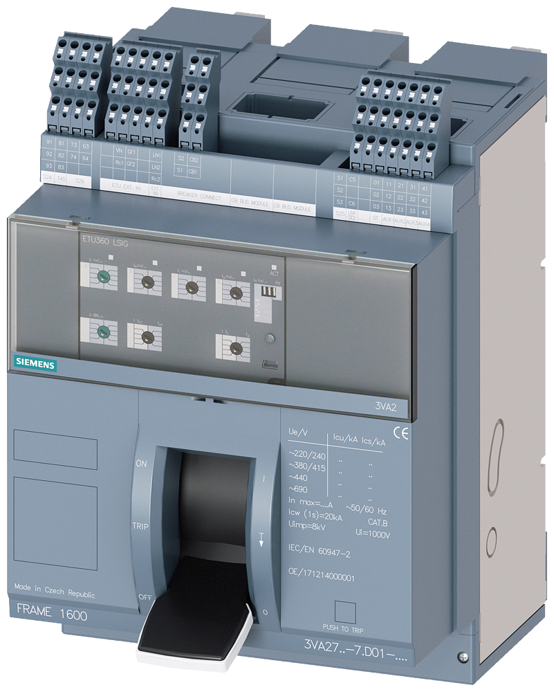 [Imagem DISJUNTOR COM ALAVANCA BASCULANTE COMPACTO DE MONTAGEM FIXA FRAME 1600; 4AUX ... 3VA27166AD011AB1 SIEMENS]