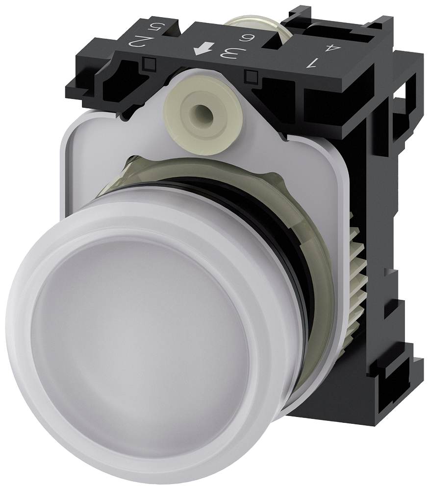 [Imagem SINALIZADOR LUMINOSO 22MM REDONDO PLÁSTICO BRANCO LENTE PLANO 24VCA/CC 3SU11026AA601AA0 SIEMENS]