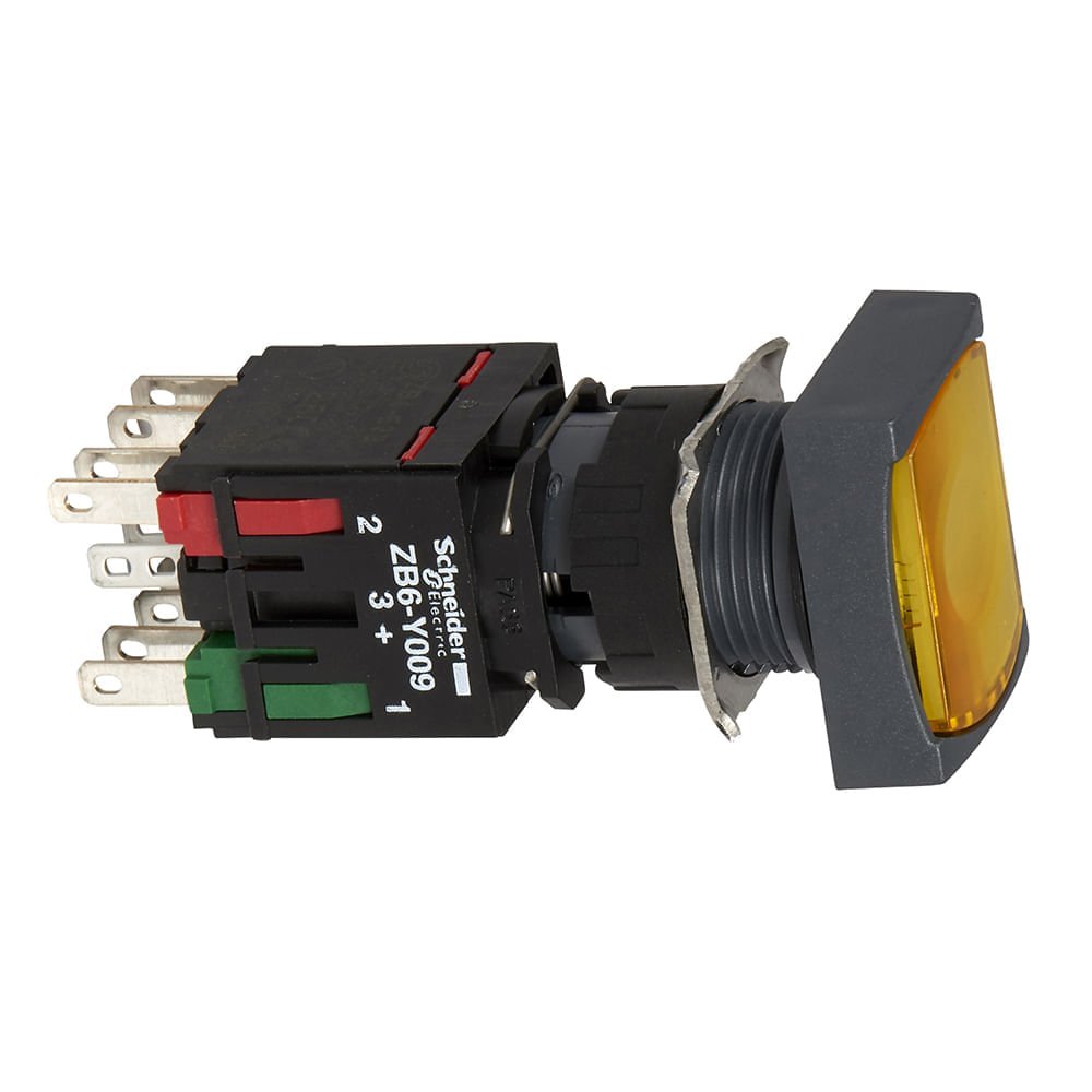 [Imagem BOTAO 16MM PLASTICO LUMINOSO RETANGULAR 1NA 1NF AMARELO XB6DW5B5B SCHNEIDER]
