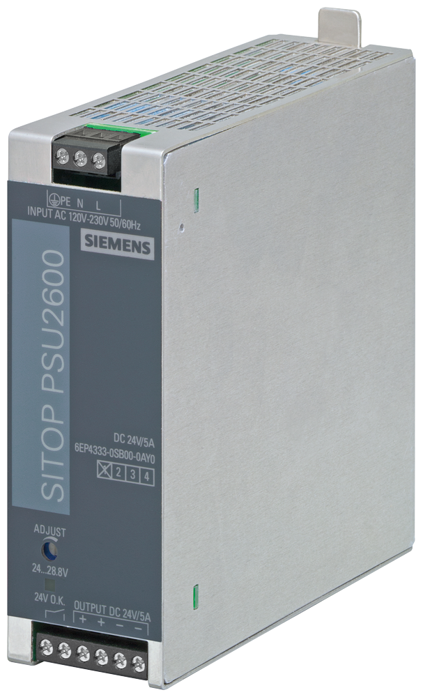 [Imagem do produto SITOP PSU2600 24 V/5 A ENTRADA ESTABILIZADA DE ALIMENTAÇÃO: 230 V CA SAÍDA: 24 V D 6EP43330SB000AY0 SIEMENS]