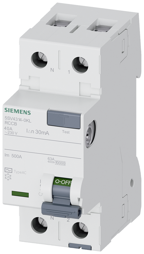 [Imagem DISJUNTOR DE CORRENTE DE FUGA, DE 2 POLOS, TIPO CA, IN: 40 A, 30 MA, UN CA: 2 5SV43140KL SIEMENS]