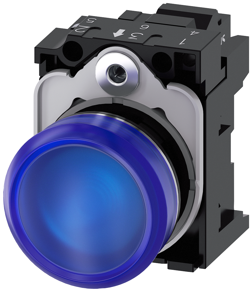 [Imagem do produto SINALIZADOR LUMINOSO, 22MM, REDONDO, METAL, ALTO BRILHO, AZUL, LENTE, PLANO,  3SU11526AA503AA0 SIEMENS]