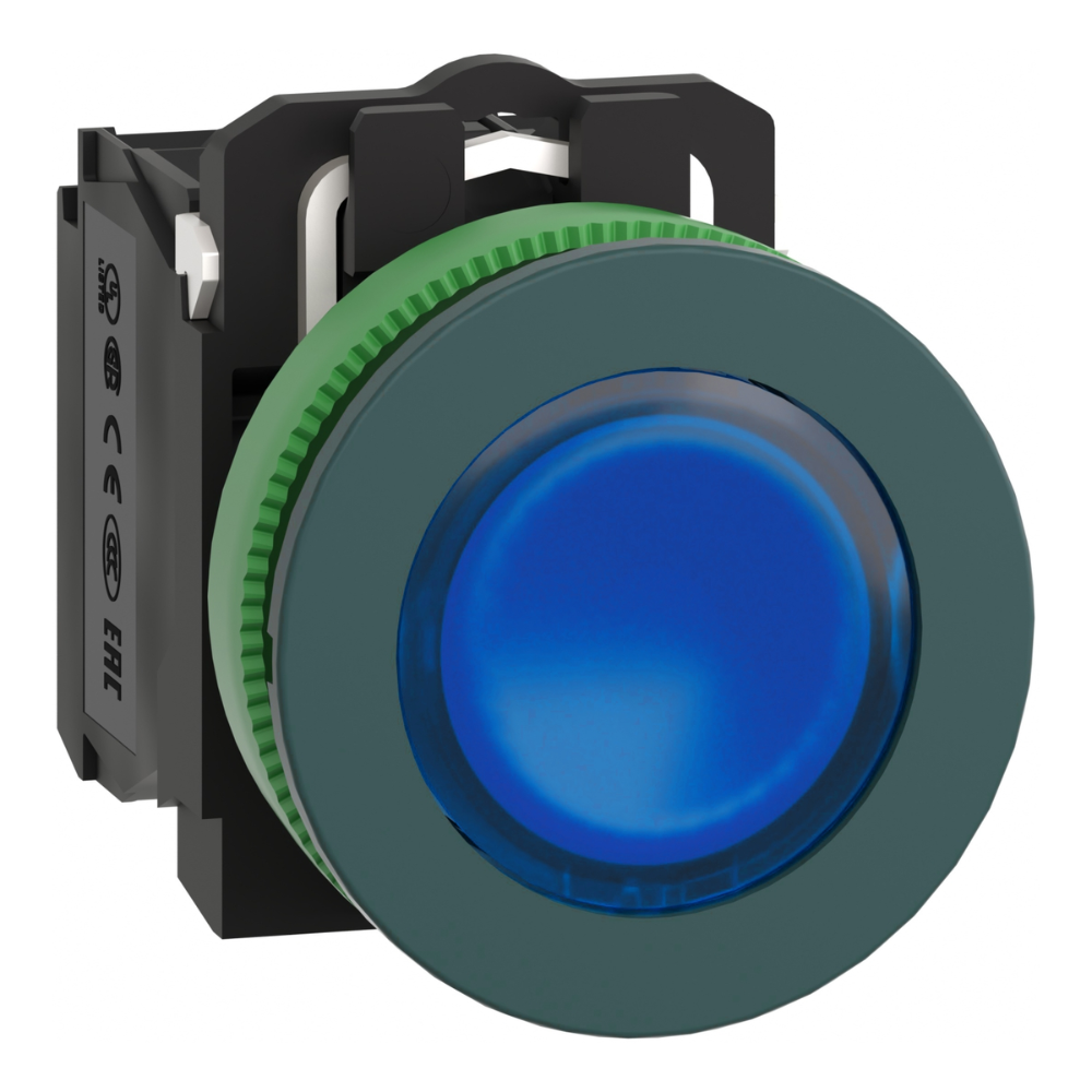 [Imagem BOTÃO ANTIMICROBIANO LUMINOSO FACEADO Ø30MM PLÁSTICO RETORNO POR MOLA AZUL NA+NF 110-120VCA XB5FW36G5 SCHNEIDER]